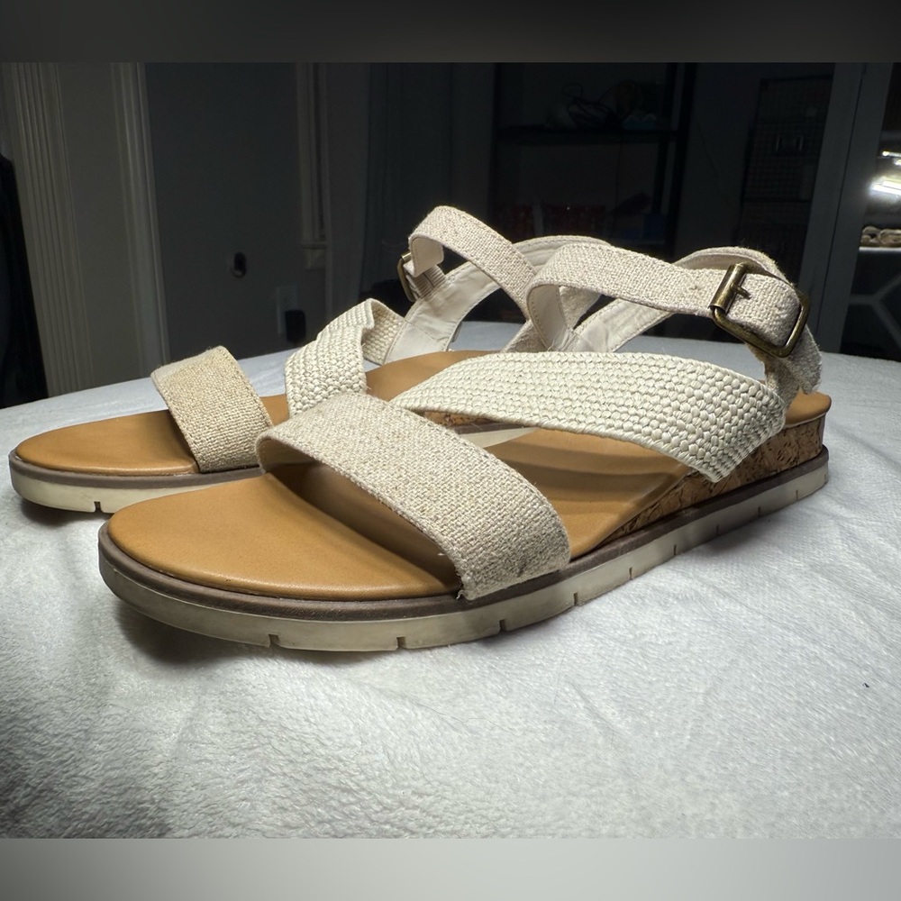 Makalu Slingback Strappy Beige Canvas Open Toe‎ Casual Cork Sandals